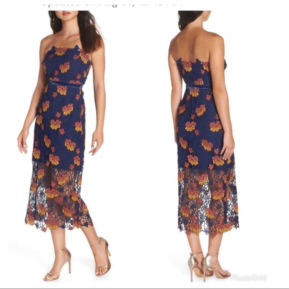 NWT! FOXIEDOX Dolores Strapless Tea Length Dress In Dolores Navy Multi